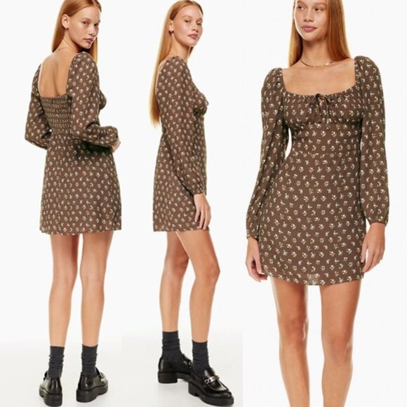 Aritzia Sunday Best Delilah Floral Long Sleeve Mini Dress M Brown Ditsy Milkmaid - Picture 2 of 16